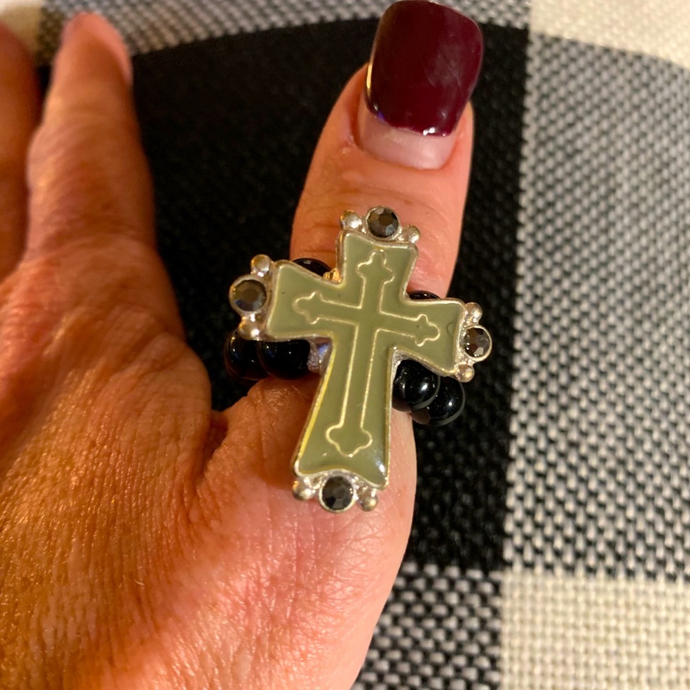 Silver Cross ring with black bead elastic fits all